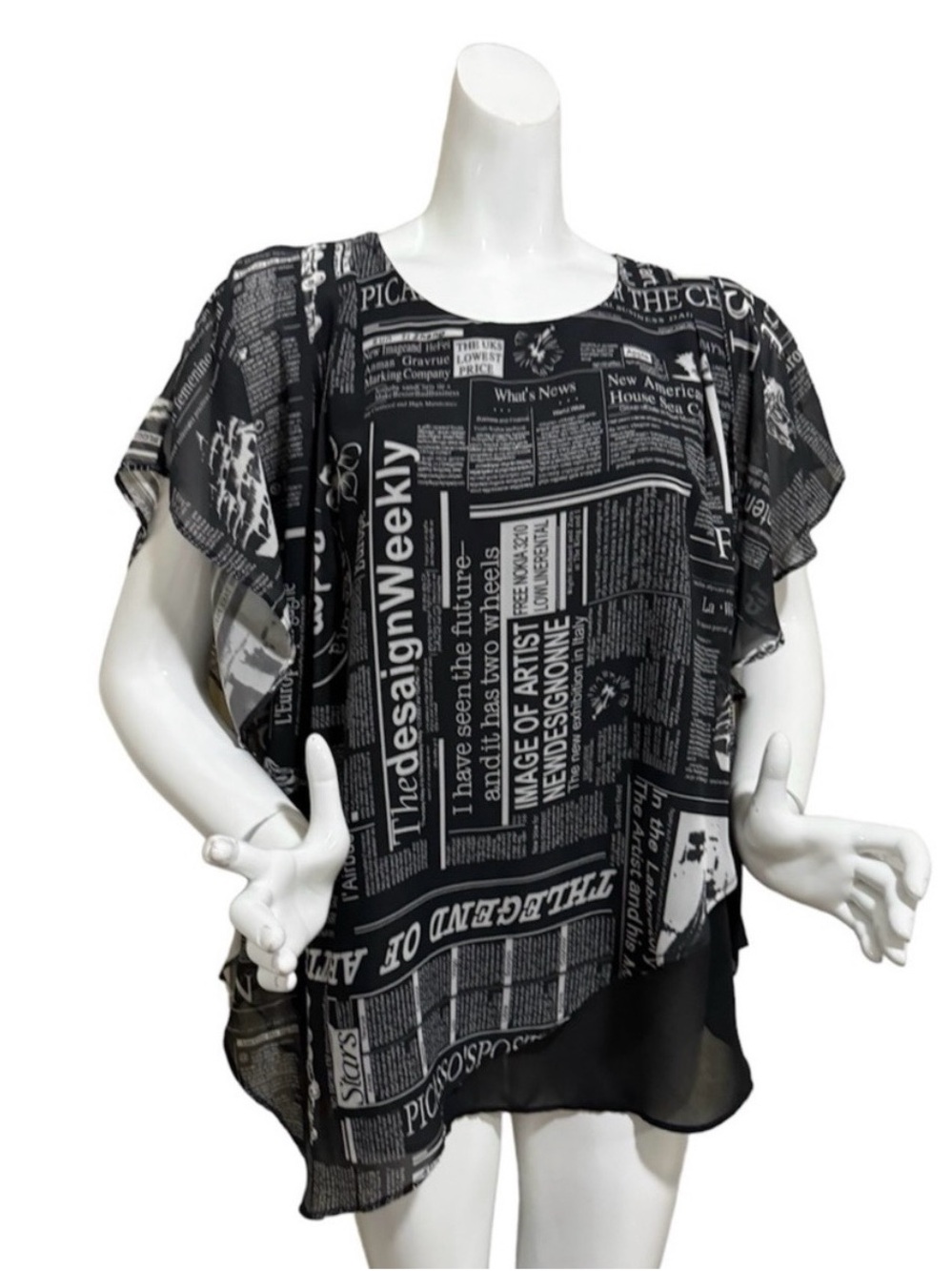 Newspaper Print Top Sheer Overlay Black White Book Text Blouse Large